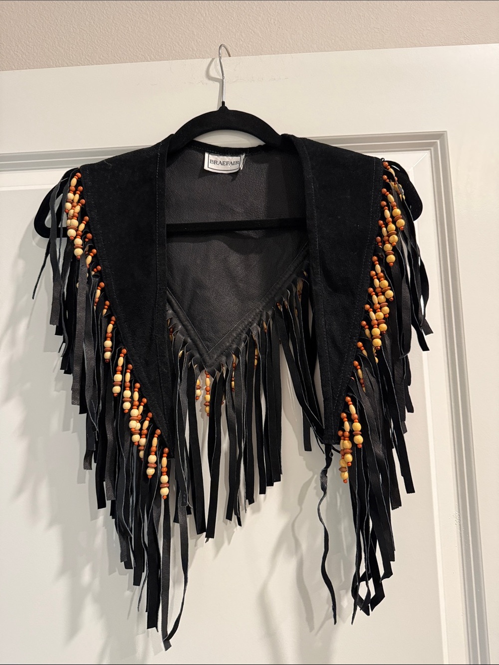 Braefair vintage Black Suede Fringe leather shawl with wooden Bead Trim osfm